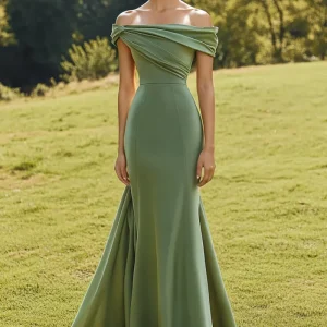 Sage Slim Épaule Dénudée Col Drapé Longue Robe Formelle en Queue de Poisson avec Ourlet Large