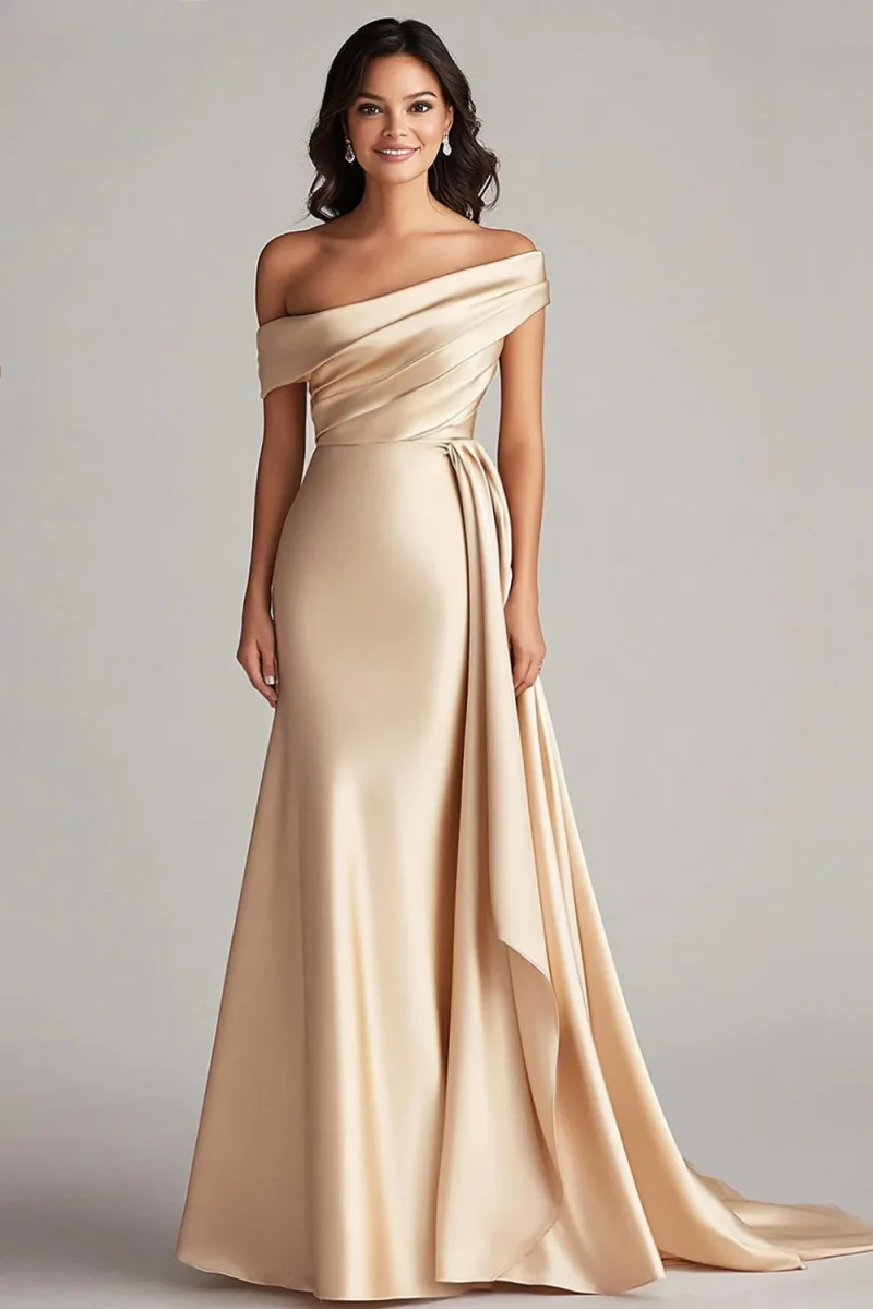 Robe formelle en satin champagne à une épaule avec ceinture