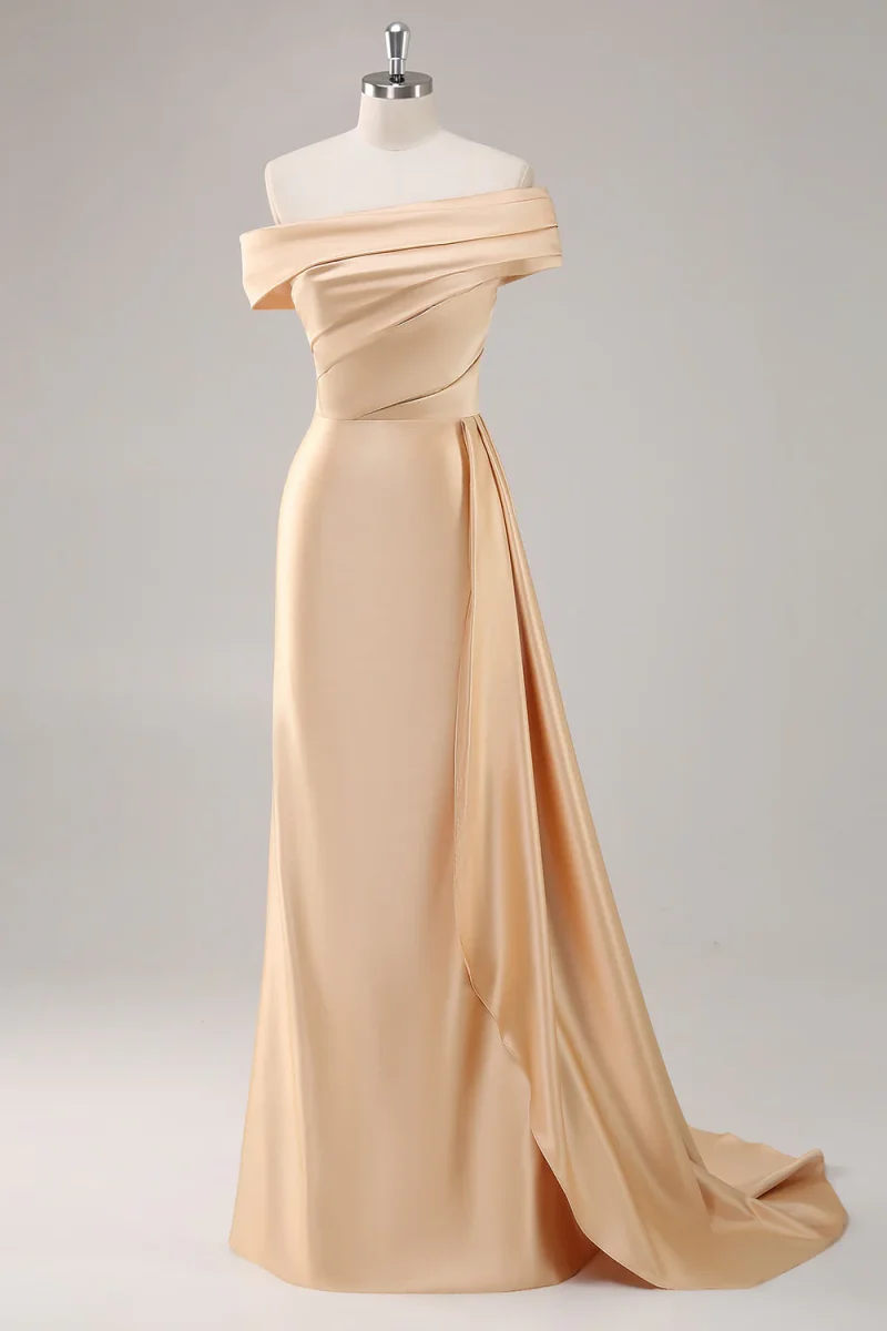Robe formelle en satin champagne à une épaule avec ceinture – Image 4