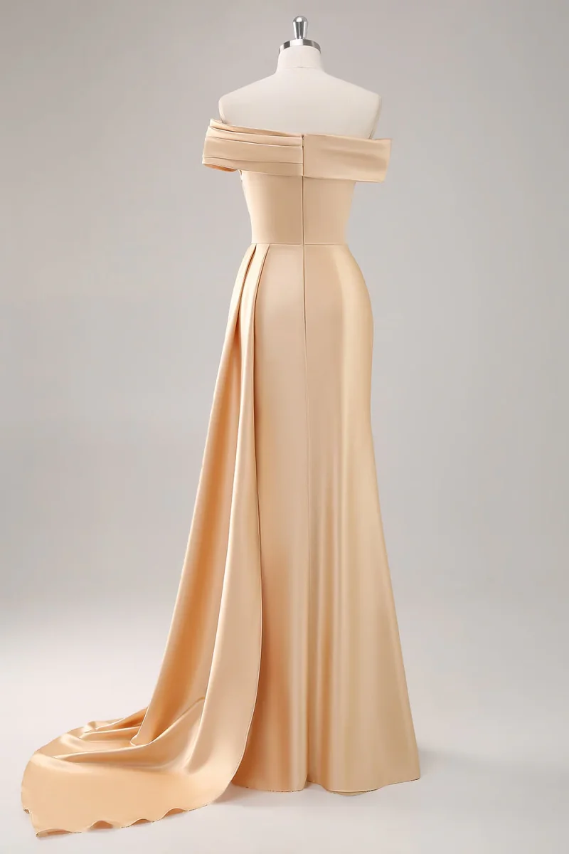 Robe formelle en satin champagne à une épaule avec ceinture – Image 5