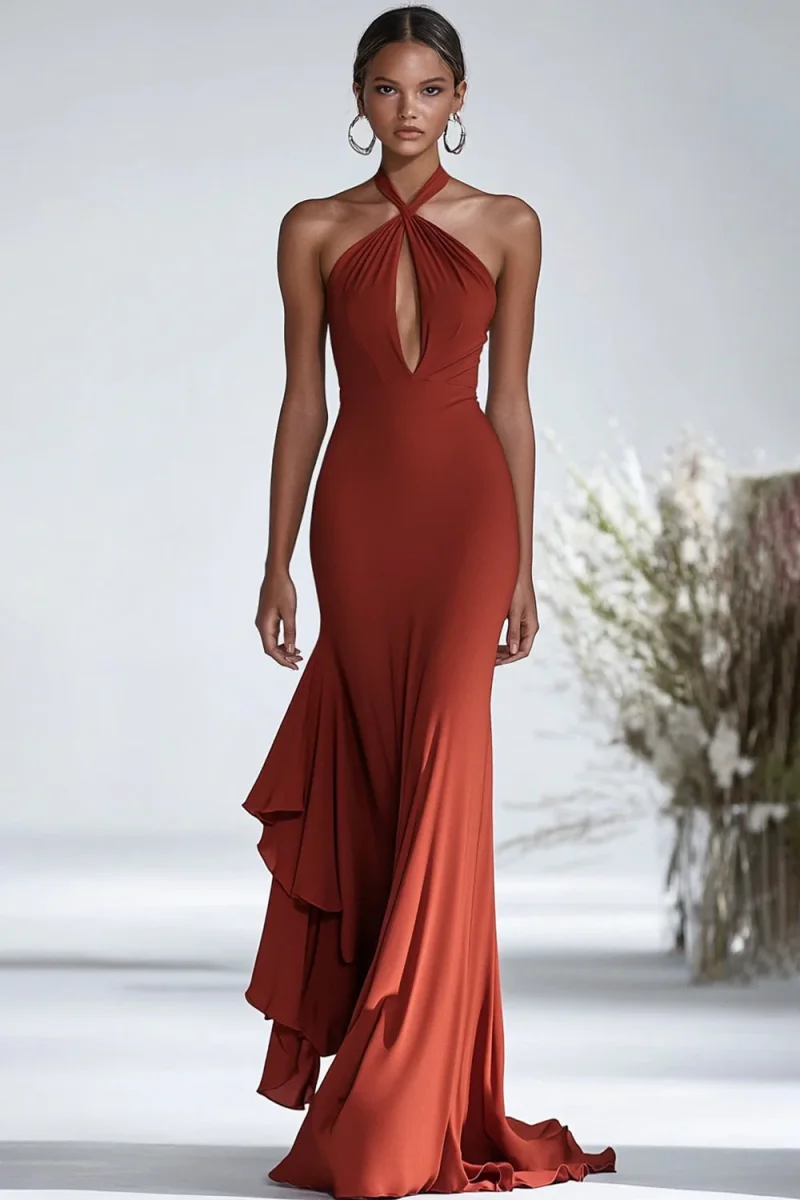 Robe de gala en mousseline de soie à volants rouge licol – Image 2