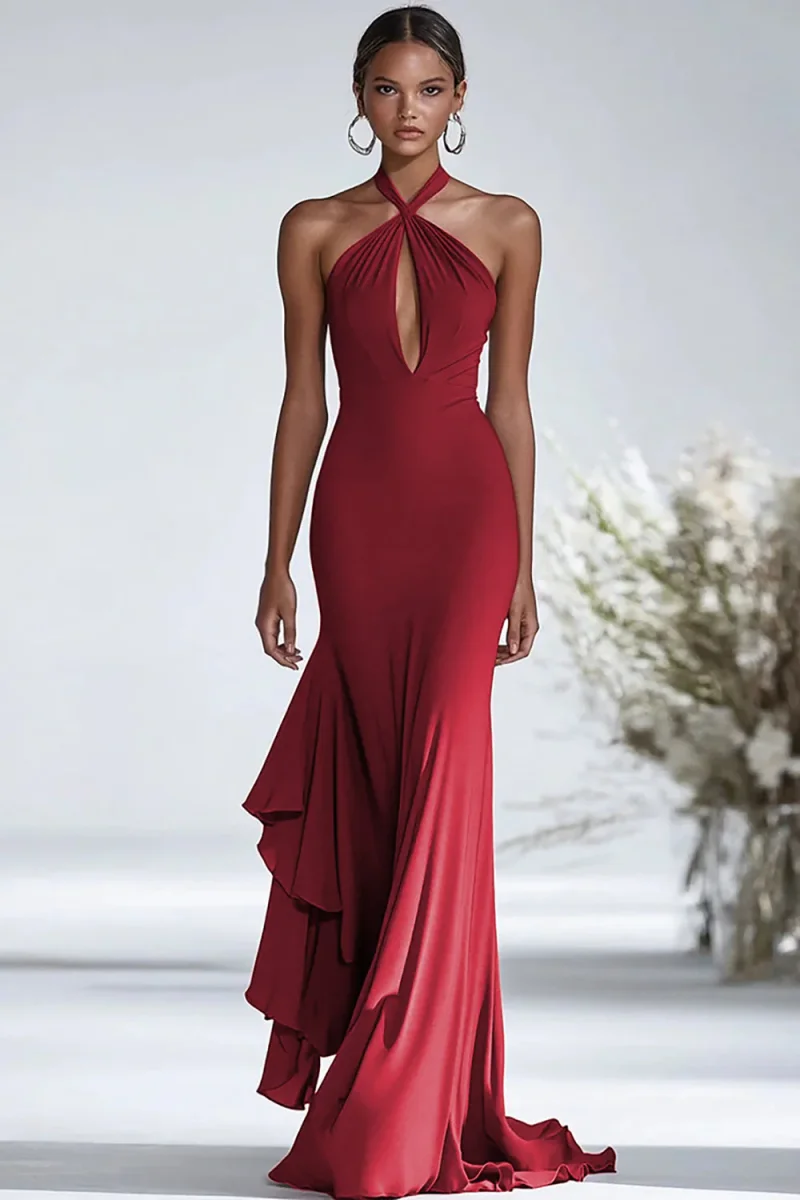 Robe de gala en mousseline de soie à volants rouge licol – Image 5
