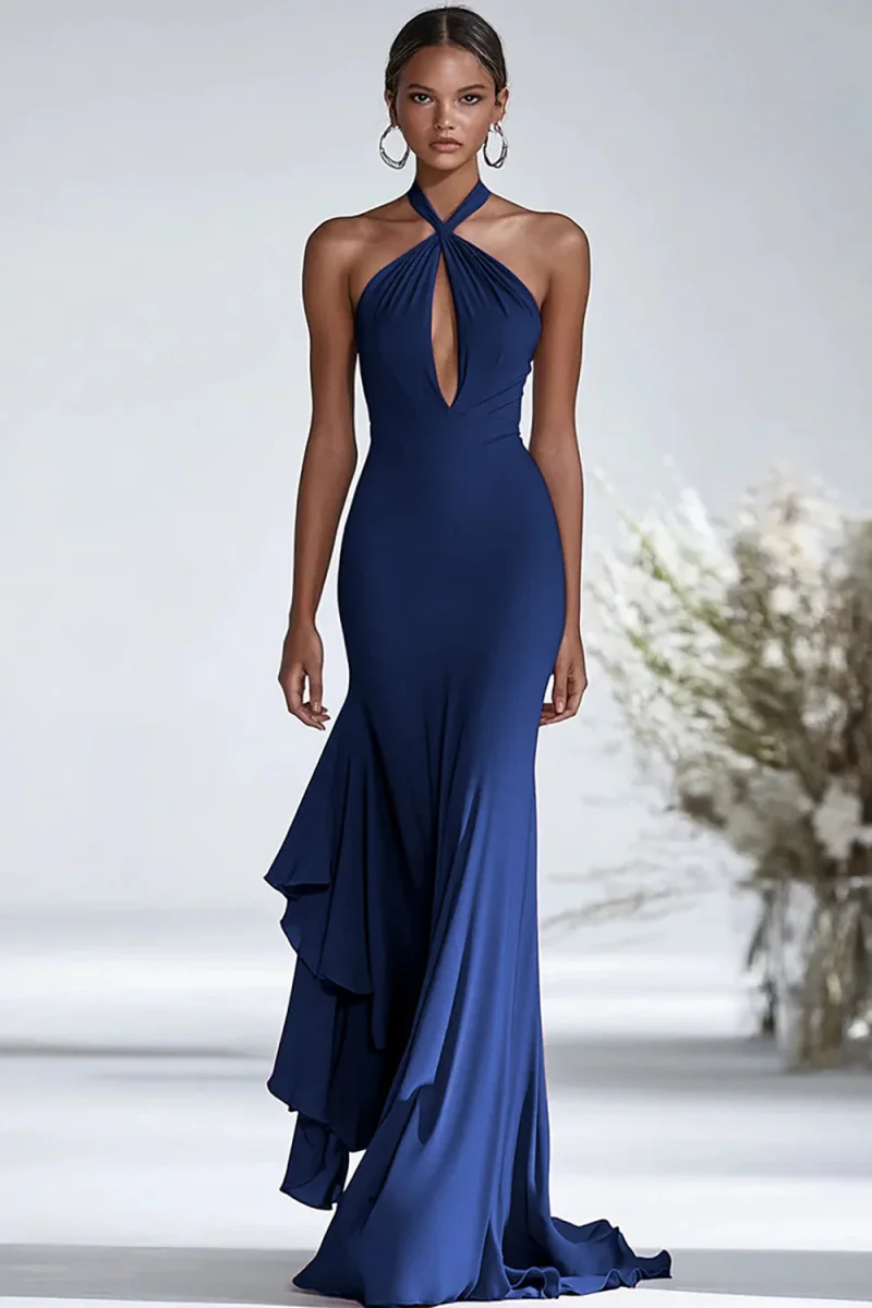 Robe de gala en mousseline de soie à volants rouge licol – Image 7