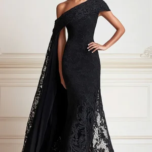 Sirène noire une épaule dentelle longue mère de la mariée robe avec cape d’épaule latérale