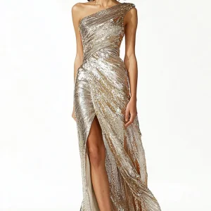 Glitter Gold Gaine Une Épaule Ruché Robe de Bal Avec Fente