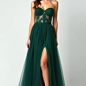 Vert foncé Une ligne sans bretelles dentelle fente robe longue de bal