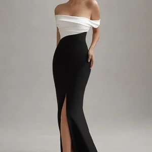 Robe cravate noire fourreau en satin mat à épaules dénudées