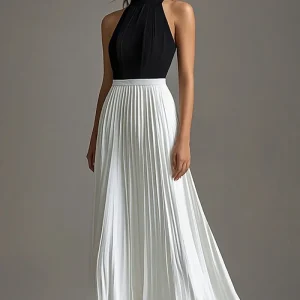 Noir Blanc Plissé Une Ligne Dos Nu Robe Formelle