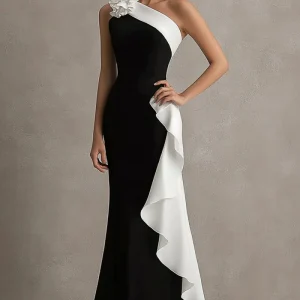 Robe longue cravate noire à volants à une épaule avec fleur