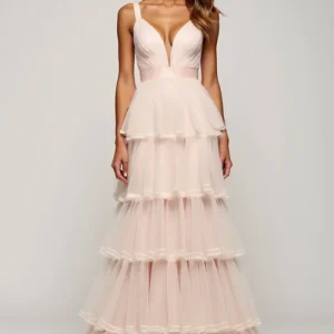 Robe longue de bal en tulle à volants à col en V rose bonbon