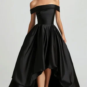 Robe de bal asymétrique en satin noir à épaules dénudées