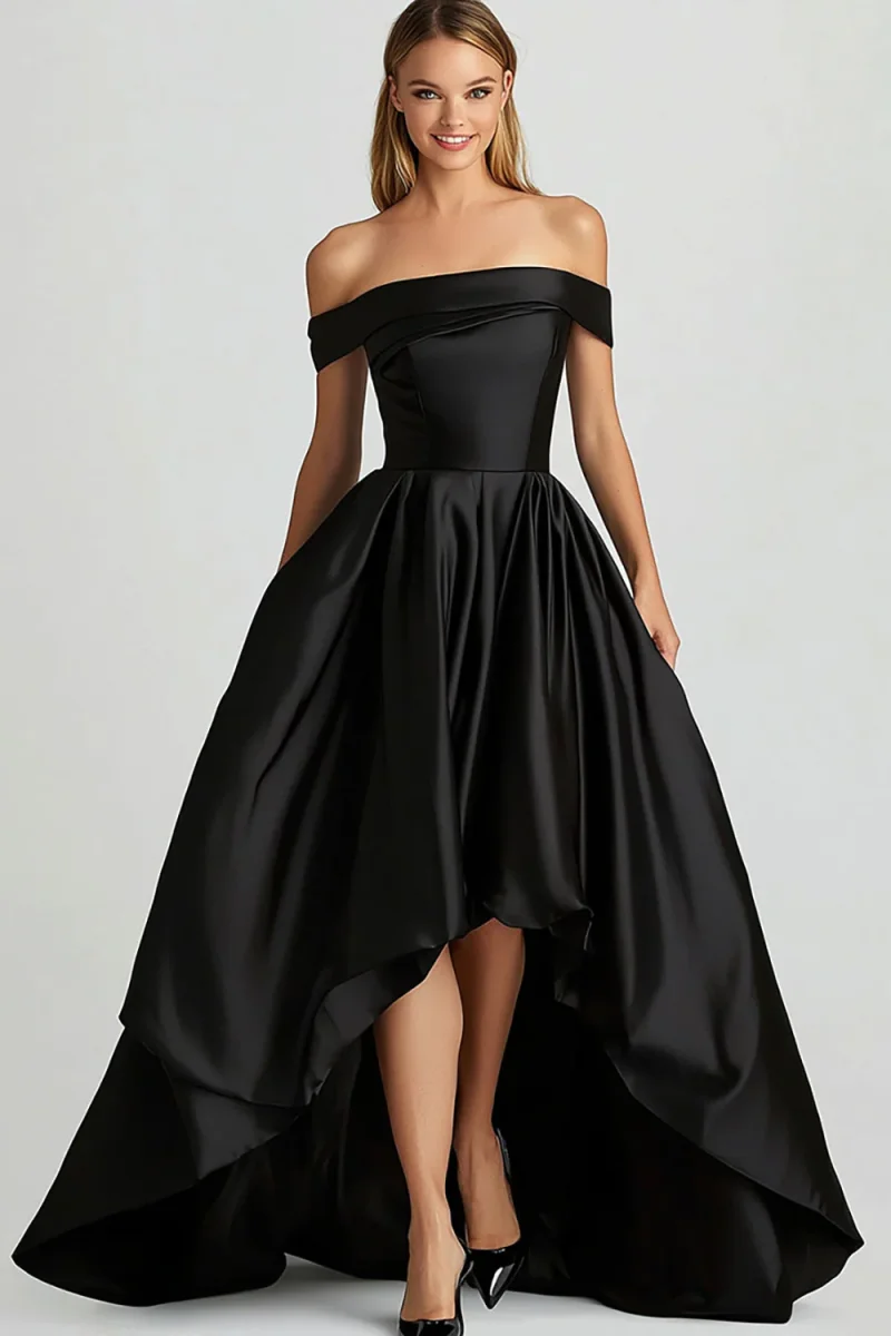 Robe de bal asymétrique en satin noir à épaules dénudées