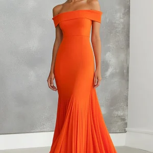 Robe longue formelle sirène orange à épaules dénudées