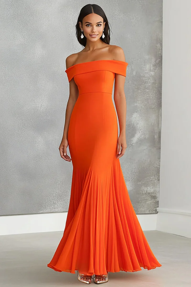 Robe longue formelle sirène orange à épaules dénudées
