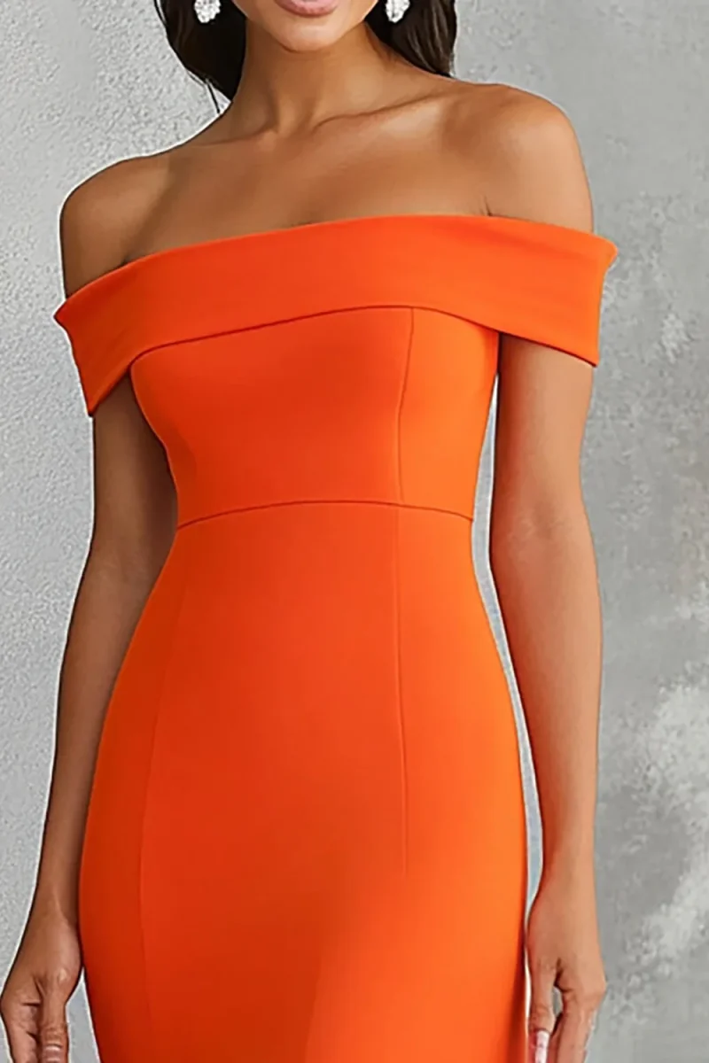 Robe longue formelle sirène orange à épaules dénudées – Image 4