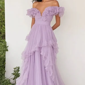Robe de bal plissée à volants lilas à épaules dénudées