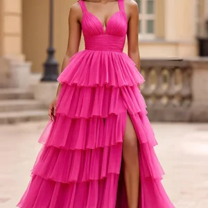 Robe de bal longue en tulle à col en V fuchsia à volants