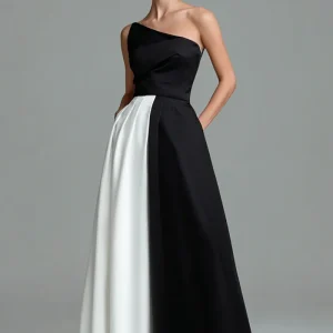 Noir Blanc Une Épaule Une Robe Formelle Ligne