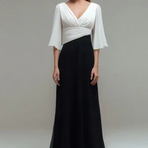 Robe longue formelle trapèze noire et blanche à col en V avec manches flottantes