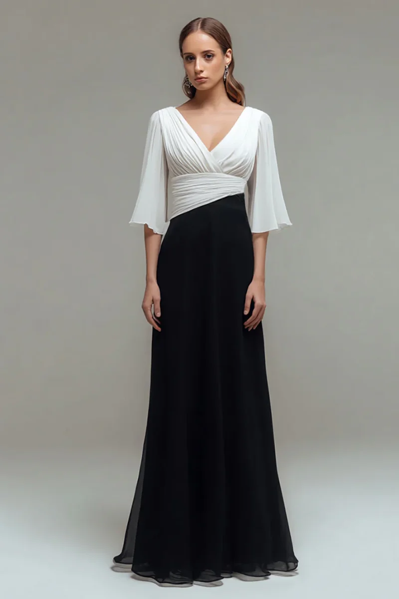 Robe longue formelle trapèze noire et blanche à col en V avec manches flottantes – Image 2