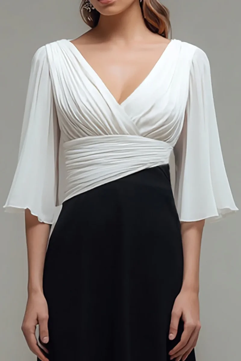 Robe longue formelle trapèze noire et blanche à col en V avec manches flottantes – Image 3