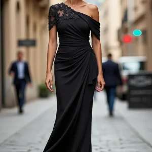 Une épaule sirène noire appliquée mère de la mariée robe