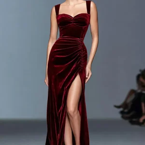 Robe longue formelle trapèze en velours trapèze froncé