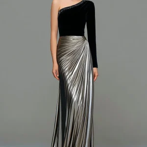 Noir et gris A-ligne une épaule en satin métallisé Robe formelle