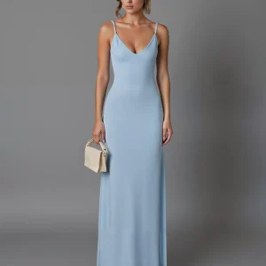 Robe de soirée longue simple en satin bleu ciel à bretelles spaghetti