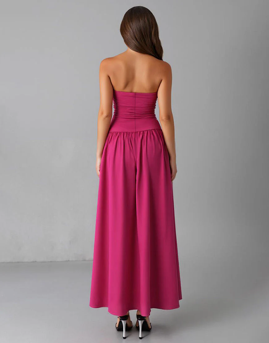 Simple Fuchsia Mousseline De Soie Sans Bretelles Une Robe De Soirée Trapèze – Image 3