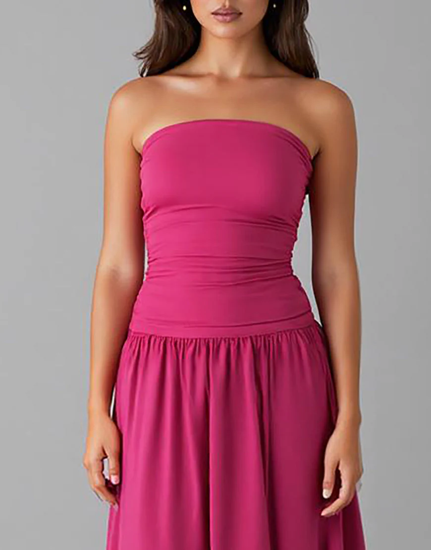 Simple Fuchsia Mousseline De Soie Sans Bretelles Une Robe De Soirée Trapèze – Image 4