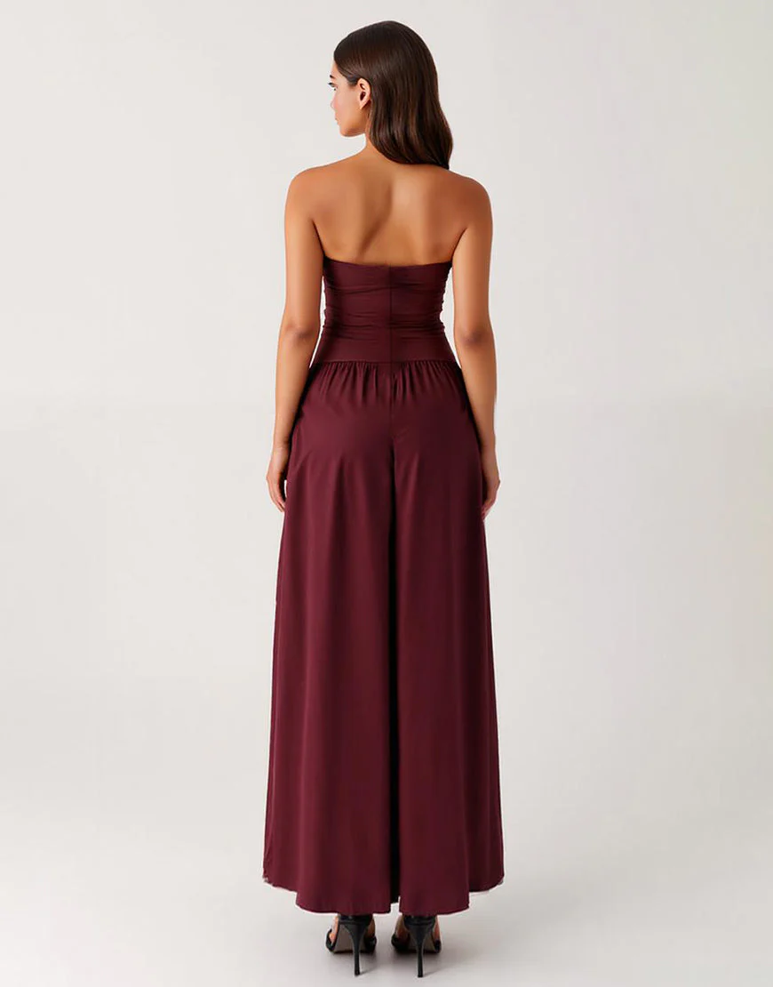 Simple Coton Violet Foncé Sans Bretelles Une Robe Formelle Trapèze – Image 3