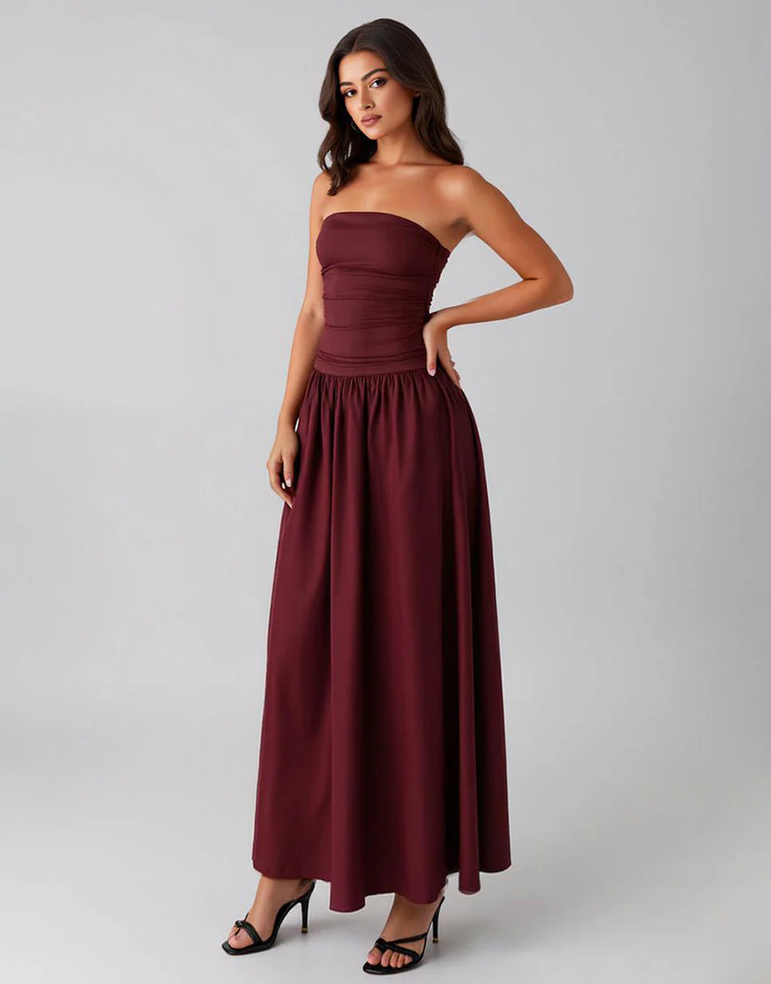 Simple Coton Violet Foncé Sans Bretelles Une Robe Formelle Trapèze – Image 4