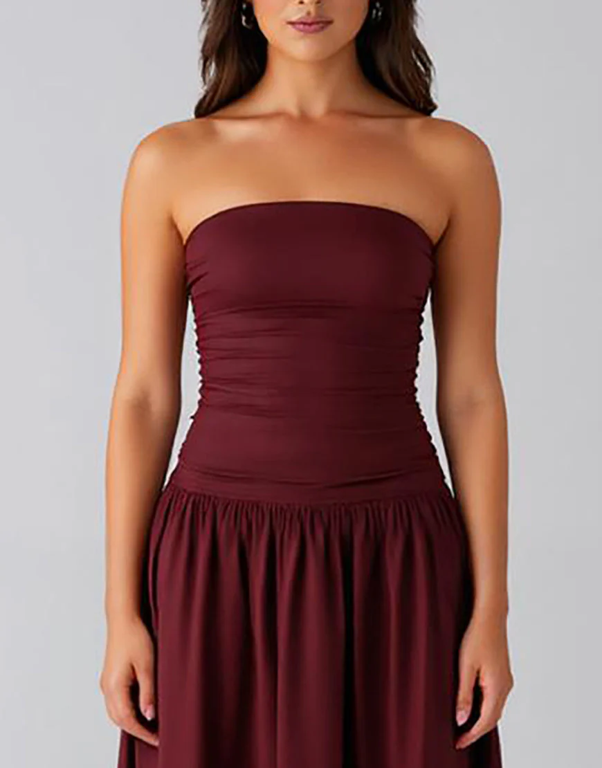 Simple Coton Violet Foncé Sans Bretelles Une Robe Formelle Trapèze – Image 5