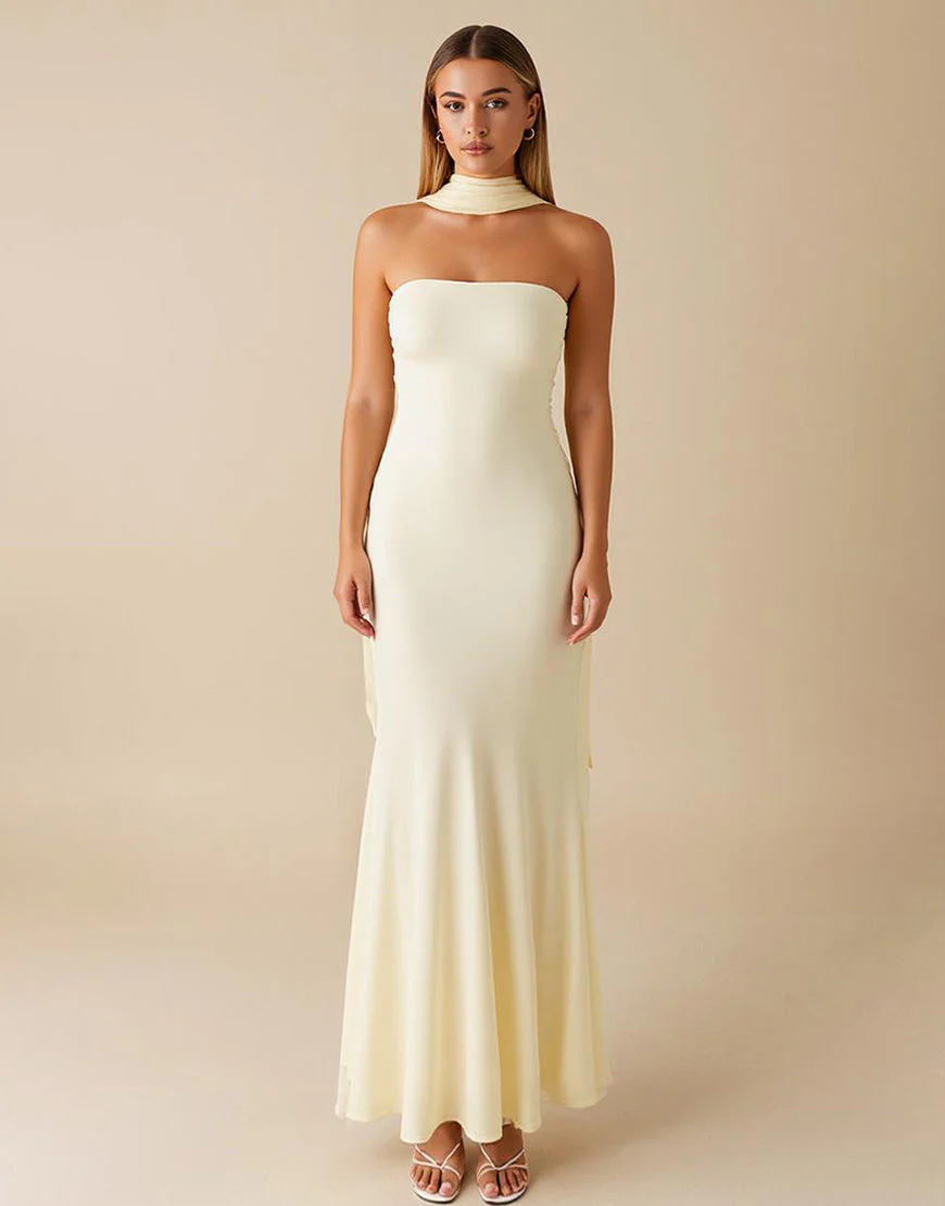 Robe formelle sans bretelles simple à fourreau jonquille – Image 6