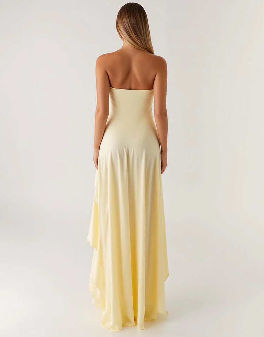 Robe formelle bustier en mousseline de soie à volants jonquille haut-bas – Image 3