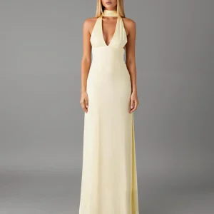 Robe formelle en mousseline de soie à col en V jonquille