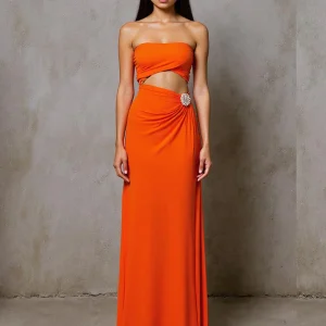 Robe de soirée longue en mousseline de soie orange sans bretelles découpées