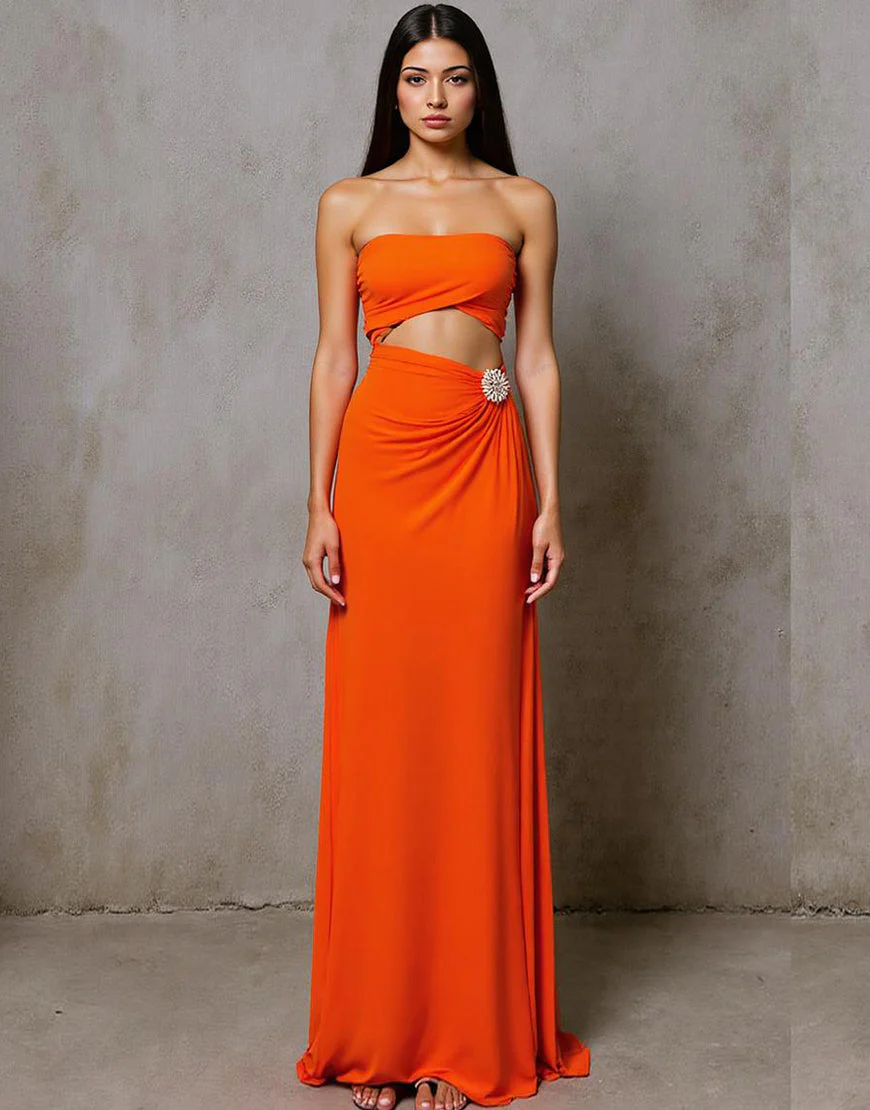 Robe de soirée longue en mousseline de soie orange sans bretelles découpées