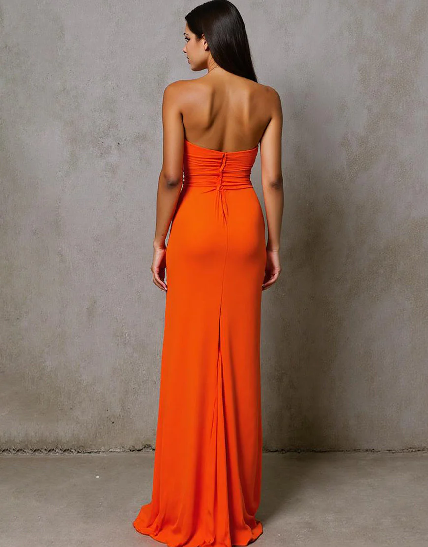 Robe de soirée longue en mousseline de soie orange sans bretelles découpées – Image 3