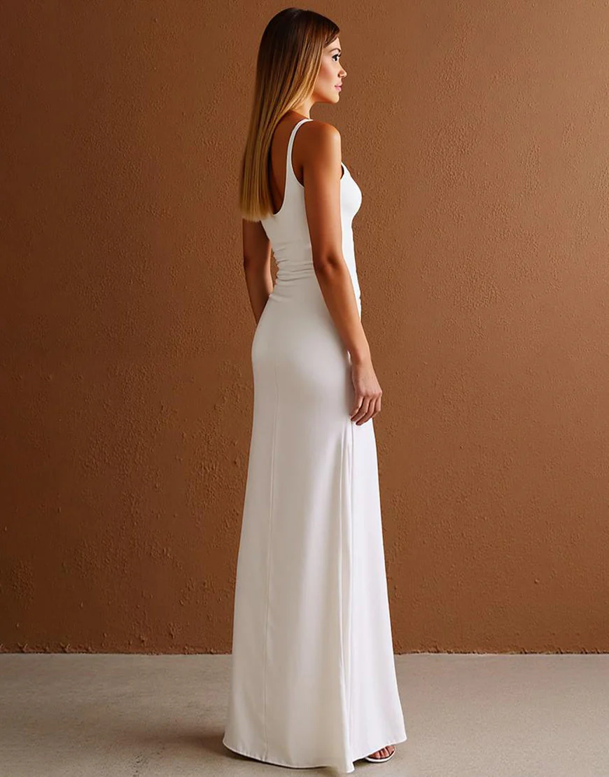 Robe formelle simple à bretelles spaghetti fourreau satin ivoire – Image 3