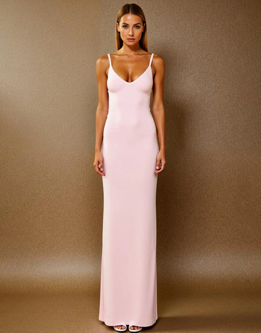 Robe longue formelle simple à bretelles spaghetti rose clair