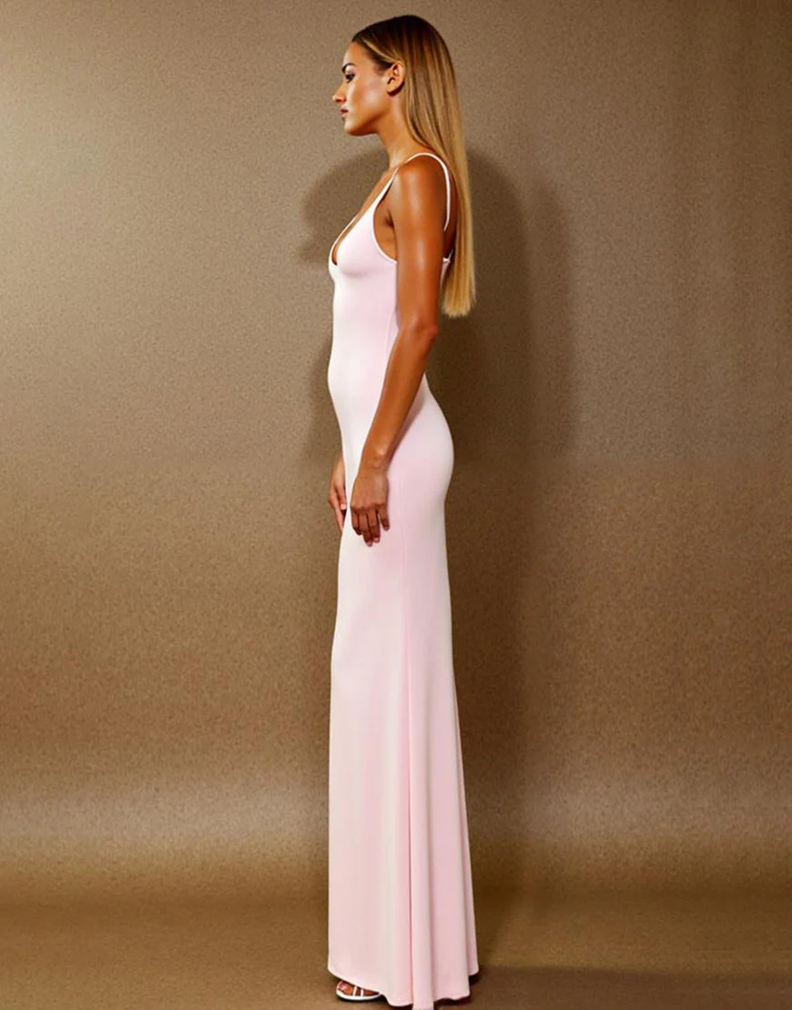 Robe longue formelle simple à bretelles spaghetti rose clair – Image 3