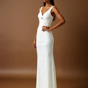 Robe de soirée sirène en mousseline de soie ivoire à col en V