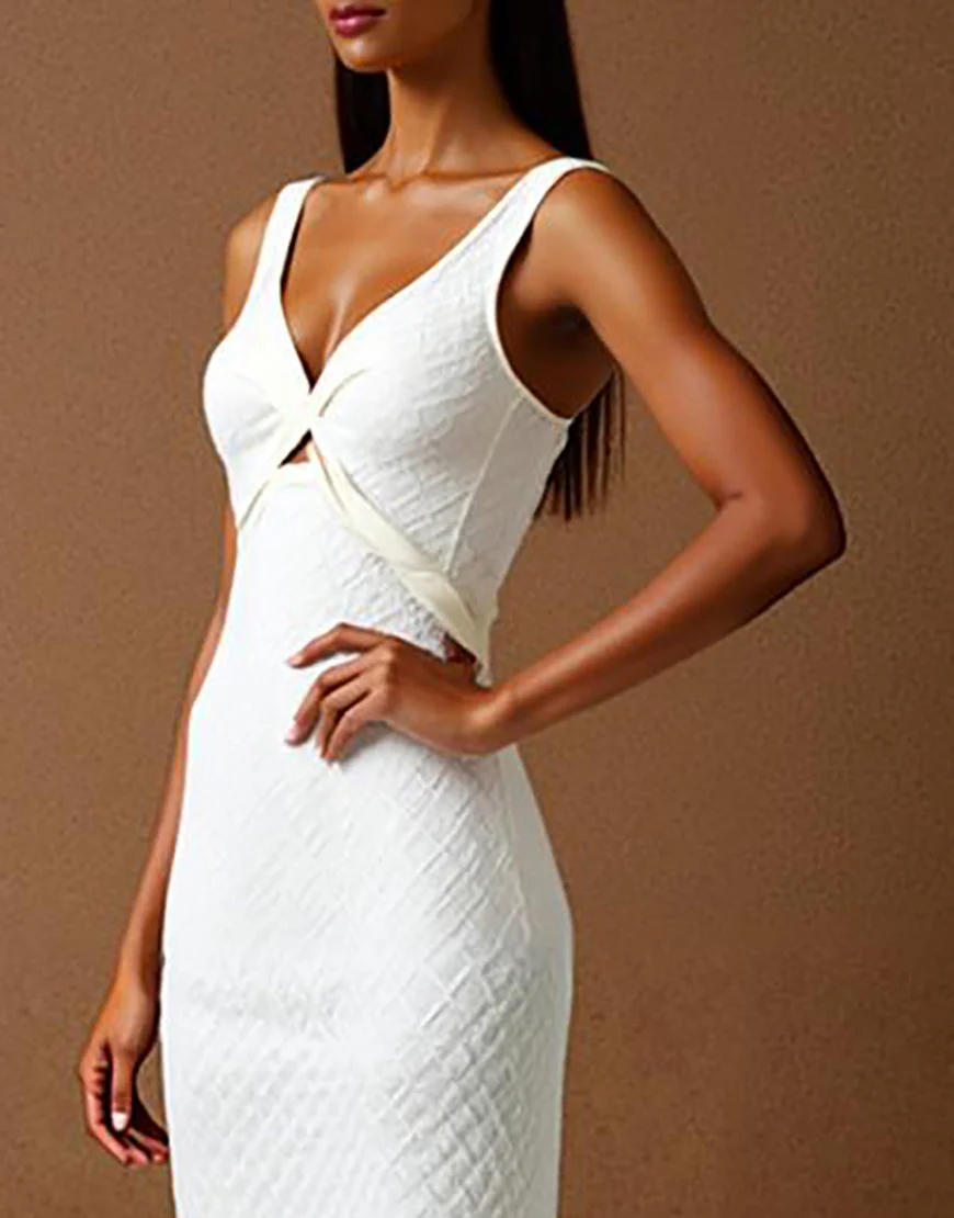 Robe de soirée sirène en mousseline de soie ivoire à col en V – Image 4