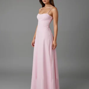 Robe de soirée en mousseline de soie à bretelles spaghetti rose clair