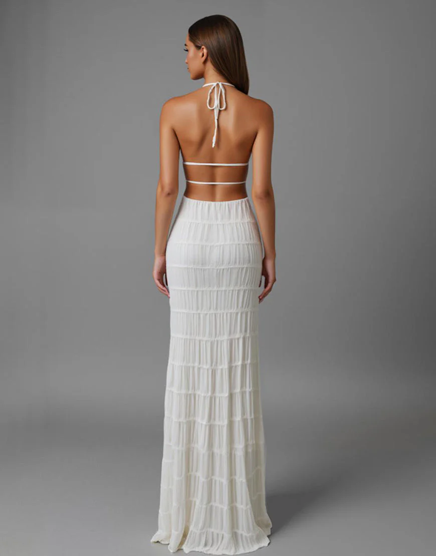 Robe de soirée longue dos nu fourreau en mousseline de soie ivoire – Image 3