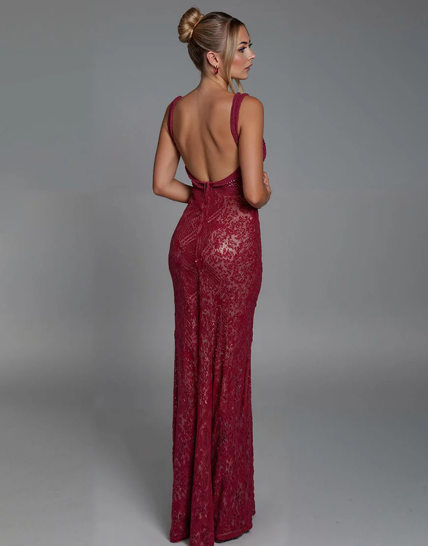 Robe de soirée fourreau à col carré en dentelle rouge foncé – Image 3