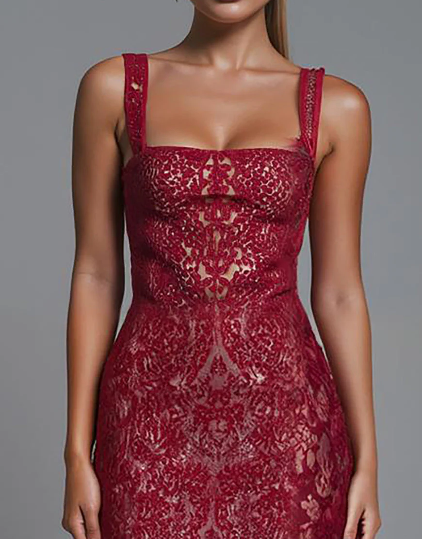 Robe de soirée fourreau à col carré en dentelle rouge foncé – Image 4