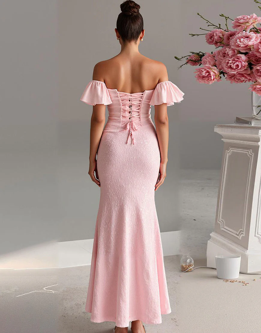 Robe de soirée en satin sirène rose clair à épaules dénudées – Image 3